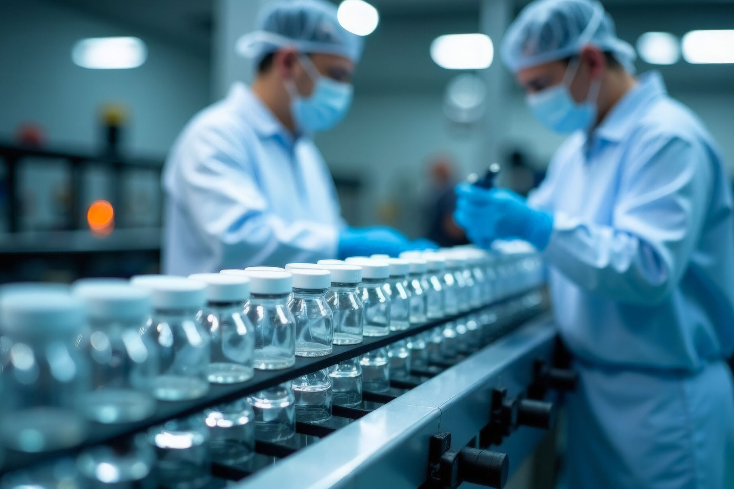 Close up glass vials line up on an automated conveyor in pharmaceutical manufacturing plant. Workers in protective gear ensuring quality laboratory in Pharmaceutical Manufacturing Plant