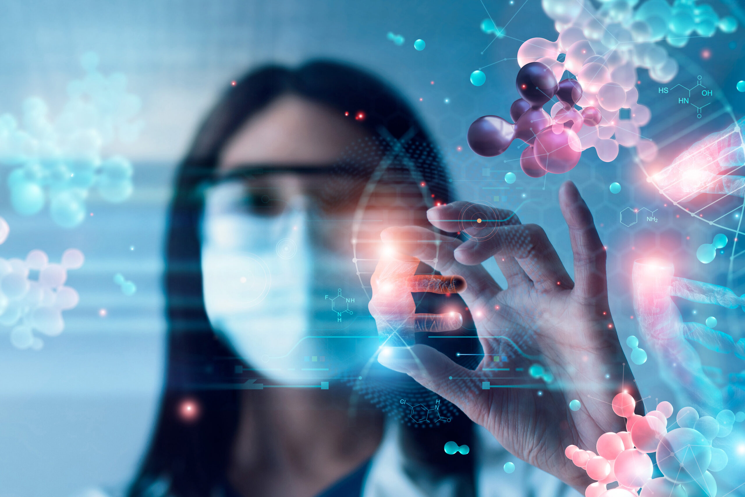 woman with abstract luminous DNA molecule